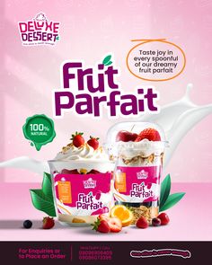 an advertisement for fruit parfait with yogurt and berries