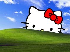 an image of a hello kitty wallpaper in the middle of a green field with blue sky and clouds