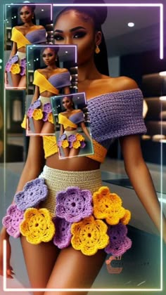 a woman wearing a crochet skirt and crop top with flowers on the bottom