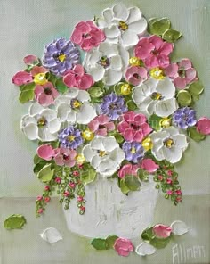 a painting of flowers in a white vase with green leaves and pink, purple, and yellow flowers