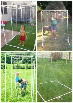 four pictures of children playing in the yard with their dog and soccer goal, one boy is