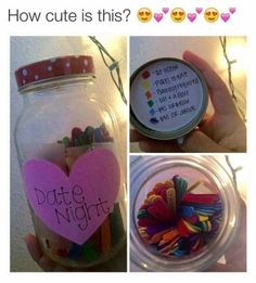 a jar filled with lots of different items next to a hand holding a heart shaped magnet