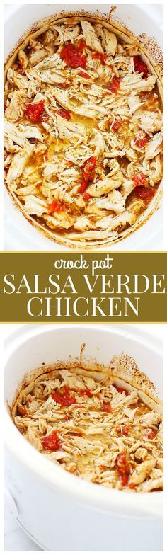 chicken casserole in a white dish with text overlay