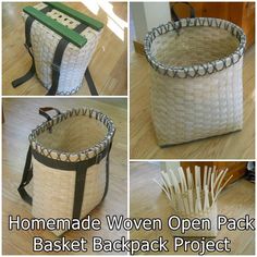 four pictures show how to make a woven open back basket