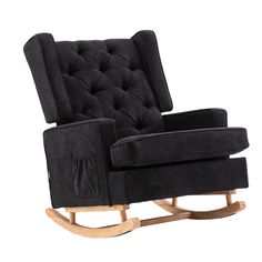 a black rocking chair with buttons on the back and arm rests in front of a white background