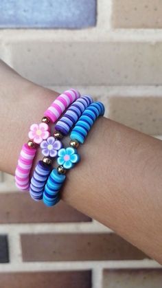 Pink Purple And Blue Clay Bead Bracelets, Easy Clay Bead Bracelet Ideas, Clay Bead Bracelet Diy, Pretty Clay Bead Bracelet Ideas, Matching Friendship Bracelets Beaded, Clay Bead Friendship Bracelets, Aesthetic Clay Bead Bracelets, Clay Beads Bracelet Ideas