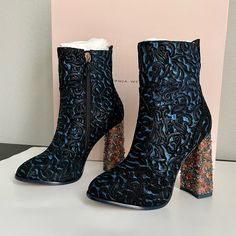 * Beautiful Sophia Webster Kendra Brocade Bootie In Baroque Blue. The Heels Are Fully Embellished. * New With Box And Dust Bag. These Boots Were Purchased New, Directly From Retail, But Were Never Worn Because The Size Was Too Small. Have Been Sitting In Their Box For Years. * Size 35, Which According To The Sophia Webster Size Guide Is A Us 4.5 In Their Brand. Please Refer To The Brand Size Guide On Their Website To Make Sure On The Sizing Details. I Will Post A Photo As Well. * - * Make An Offer. * No Trades Sophia Webster Shoes, Ethiopian Opal Ring, Sophia Webster, Bootie, Bootie Boots, Size Guide, Blue Black, A Photo, Dust Bag