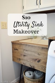 a laundry room with the words $ 10 utility sink makeover over it and an old washer and dryer