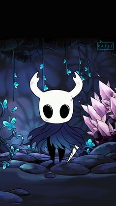 an image of a cartoon character with horns and wings in the background, surrounded by plants