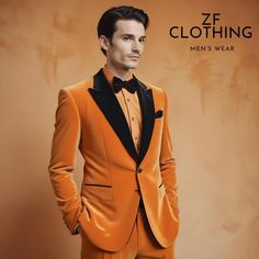 Men Suits Stylish Orange Velvet 2 Piece Tuxedo For Men - Classic Formal Attire- Versatile Tailored Suit-  Wedding Suits-Bespoke For Men, ZF Item Include (Coat+  Pant) Fabric:- Imported, Premium Color:-Orange Velvet Color Lapel :- Black Velvet Color Pant :- Orange Velvet Dry Clean Recommended The suit is for wedding, Party, Proms, and Many Occasions. We make the suit according to our Standard size chart, If you are not sure about your size/measurement,  please give your body measurement in inches Tailored Suit, Orange Velvet, Men Classic, Premium Colors, Tuxedo For Men, Velvet Color, Colored Pants, Formal Attire, Coat Pant