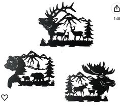 three metal moose and elk silhouettes in the woods