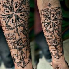 two people with tattoos on their legs and one has a compass tattoo on his arm