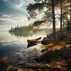 a boat sitting on top of a lake next to trees