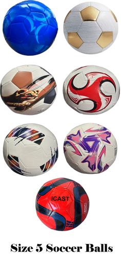 six soccer balls with different designs on them and the words size 5 soccer balls below