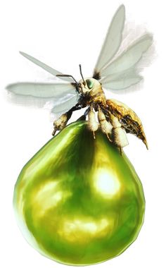 a painting of a bee sitting on top of a green apple with wings flying above it