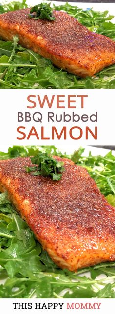 two pictures of salmon on top of lettuce with the words sweet bbq ribbed salmon