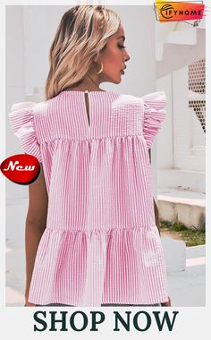 Pink Striped Print Flutter Sleeve Gathered Top Summer Butterfly Sleeve Top With Ruffle Hem, Spring Blouse With Ruffle Hem And Butterfly Sleeves, Summer Tops With Ruffles And Butterfly Sleeves, Butterfly Sleeve Ruffled Blouse For Beach, Gathered Top, Flutter Sleeve, On Sale, Free Shipping, Pink