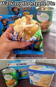 two pictures showing different types of snacks and the same one has an apple pie in it