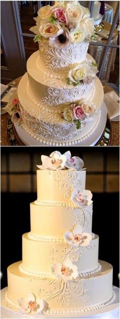 two different pictures of a wedding cake with flowers on the top and bottom tiers