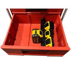 two pairs of yellow and black work gloves in a red toolbox with tools inside