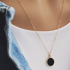 Black Onyx Round Disc Circle - Minimalist delicate Jewelry gift for wife, best friend, daughter - Black and gold elegant dainty necklace Stone: Genuine Black Onyx Pendant: 12mm Diameter Pendant: 3mm thickness Bezel: Vermeil Gold (14k gold over sterling silver) Chain: 14k Gold Filled Chain: 1.3mm Cable Chain Chain: Adjustable from 16 to 18 inches Made in the USA About "Gold Filled Jewelry": Also called rolled-gold. These jewelry items are not actually filled with gold. They are made of a base met Black Jewelry With Delicate Round Chain, Black Jewelry With Delicate Chain, Black Necklace With Delicate Chain And Round Pendant, Black Dainty Clavicle Charm Necklaces, Black Clavicle Chain Charm Necklace, Dainty Black Clavicle Chain Charm Necklace, Black Round Pendant Necklace For Everyday, Dainty Black Round Pendant Necklace, Black Round Necklace For Everyday