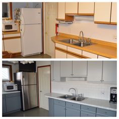 two pictures of kitchen with refrigerator, sink and stove top oven next to each other