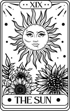 the sun tarot card is shown in black and white, with flowers on it