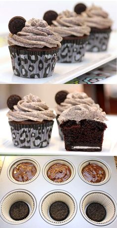 two pictures of cupcakes with chocolate frosting and mickey mouse ears on top