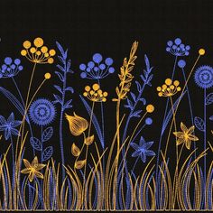 an embroidered design with blue and yellow flowers on black background, in the middle of tall grass