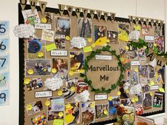 a bulletin board covered in pictures and magnets with the words marvelous me written on it