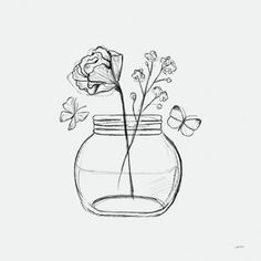 a drawing of a vase with flowers in it and butterflies flying around on the side