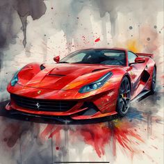 a red sports car painted in watercolors on a white background with splashes