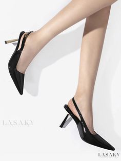 Lasaky - Refined Womens Pointed Toe Slingback Pumps with Special-Shaped High Heel - Black Dress Shoes Womens Black Dress Shoes, Unique High Heels, Black Chunky Heels, Classic Black Dress, Elegant High Heels, Chunky Heel Pumps, Elegant Heels, Designer High Heels, Black Dress Shoes