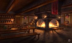 a room filled with lots of wooden tables next to a fire place