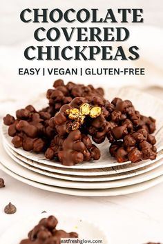 Clusters of chocolate covered chickpeas on a stack of white plates. Snacks Easy To Make, Broccoli Mum, Healthy Vegan Protein, Vegan Protein Snacks, Crunchy Chickpeas, Snacks Easy, Plant Kitchen, Protein Packed Snacks, Healthy Vegetable