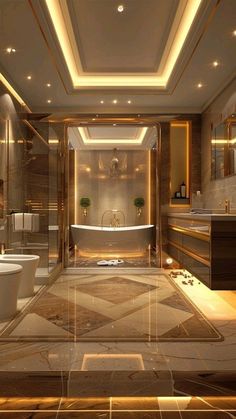 a large bathroom with two sinks and a bathtub in the middle of the room