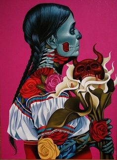 a painting of a woman holding a skull and roses