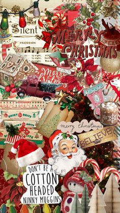 a christmas collage with santa claus and other holiday related items, including candy canes