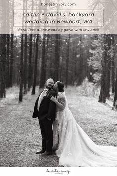 a bride and groom kissing in the woods with text overlaying them that reads,