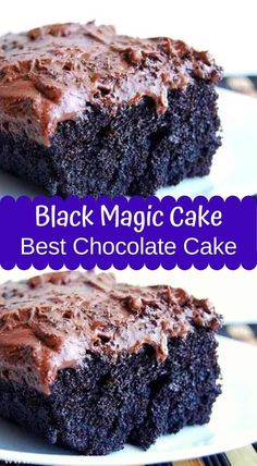 two pieces of black magic cake sitting on top of each other with the words best chocolate cake ever