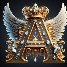 the letter a with wings and jewels is surrounded by an angel's wing design