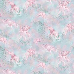 a pink and blue wallpaper with elephants on the side, in pastel colors