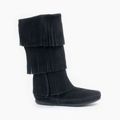 3-Layer Fringe Boot | Minnetonka Moccasin Lace Knee High Boots, Minnetonka Fringe Boots, Black Fringe Boots, Fringe Moccasins, Moccasins Women, Fringe Ankle Boots, Moccasin Boots, Fringe Boots, Suede Leather Boots