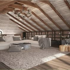 a living room filled with lots of furniture under a wooden ceiling covered in beams and windows