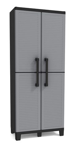 a gray cabinet with two black handles on the front and back doors, against a white background