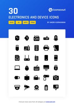 the electronic and device icons are shown in black on a white background with blue border