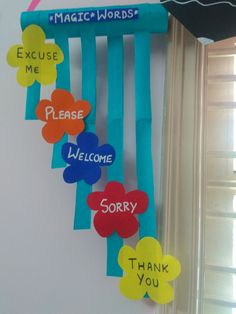 a colorful welcome sign hanging from the side of a wall with words written on it