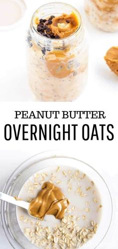 peanut butter overnight oats in a glass bowl with spoon