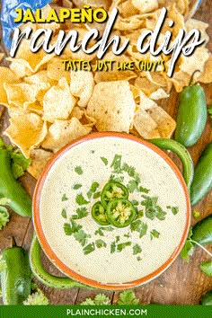 jalapeno ranch dip in a bowl surrounded by chips