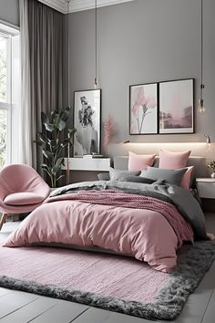 a bedroom with grey walls and pink bedding